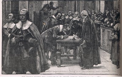 La gente firmando el pacto de la iglesia de St Giles en Edimburgo 1638 de Gordon Frederick Browne
